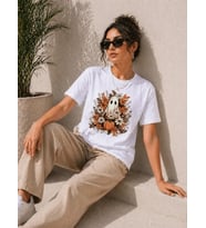 Balkabağı Hayalet Baskılı Tişört Kısa Kol Yazlık T-Shirt - Beyaz