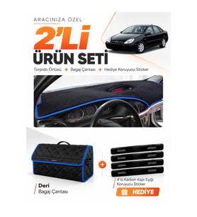 e-biz CİTROEN C5 (2001-2004) Uyumlu Torpido Örtüsü + Deri Bagaj Çantası Seti - Siyah-Mavi - CI007