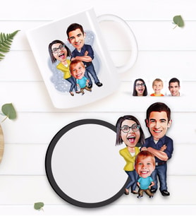 BK Gift Kişiye Özel Aile Karikatürlü Beyaz Kupa ve Ahşap Bardak Altlığı Hediye Seti-1