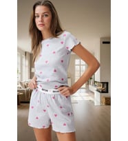 Kadın Kalpli Pijama Takımı Kısa Kollu Regular Kalıp Yazlık Rahat Özenle Seçilmiş ( Gri-Melanj)