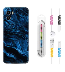 Vivo Y15S Y32 Y33S Y51 Y53S Kılıf Kablo Koruma Spiral Silikon Blue MArble 1379