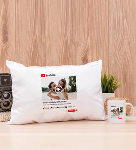 Kişiye Özel Youtube Tasarım Fotoğraflı Dikdörtgen Yastık ve Beyaz Kupa