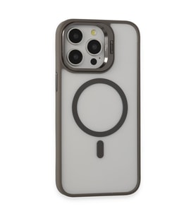 İPhone 15 Pro Uyumlu Kılıf ve Lens Magsafe Standlı Kamera Camlı Kapak (Gri)