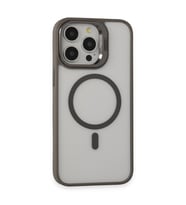 İPhone 15 Pro Uyumlu Kılıf ve Lens Magsafe Standlı Kamera Camlı Kapak (Gri)