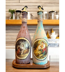 Özel Tasarım Vintage Desenli Sunum Stantlı 2'li 750 ml Zeytinyağı Sıvıyağ Şişesi Yağdanlık Yağlık (Çok Renkli)