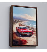 Çerçeveli Sahil Kenarındaki Kırmızı Mustang Tablo (Kahverengi)