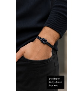 Brenzio Deepknot Lacivert Siyah Deri Erkek Bileklik - Düğüm Detaylı Örgü