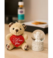 Sevimli Mini Peluş Ayıcık ve Mini Melek Kar Küresi Set Bej Rengi