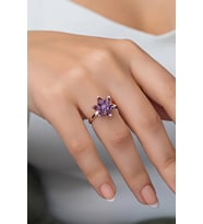 925 Ayar Gümüş Ayarlanabilir Mor Taşlı Lotus Çiçeği Yüzük