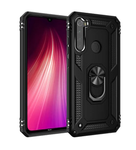 Xiaomi Redmi Note 8 Uyumlu Kılıf Standlı Manyetik Yüzüklü Military Magnetic Ring Polycarbonate and TPU Case (Siyah)