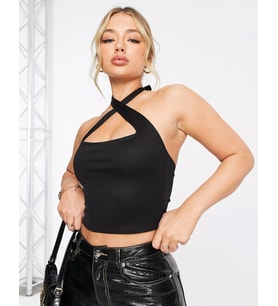 Liona Kadın Boyun Bağlamalı Asimetrik Yaka Siyah Crop Top Bluz