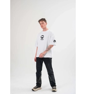 Erkek Kısa Kol Tişört Göğüs ve Kol Bisiklet Yaka Baskılı T-Shirt - Beyaz