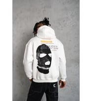 Erkek Maske Baskılı 3 iplik pamuklu Kapüşonlu Sweatshirt hoodie - Beyaz