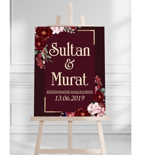 Söz Nişan Düğün İçin 50x70 Karşılama Panosu - Kırmızı Çiçek Temalı