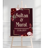 Söz Nişan Düğün İçin 50x70 Karşılama Panosu - Kırmızı Çiçek Temalı