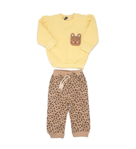 Kız Bebek Sarı Kahve Kedi Nakışlı Leopar Desenli 3 İp 2'li Takım