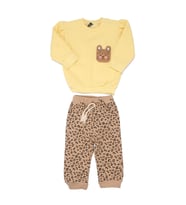 Kız Bebek Sarı Kahve Kedi Nakışlı Leopar Desenli 3 İp 2'li Takım
