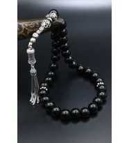 Doğal Oniks Taşlı Tesbih 925 Ayar Gümüş Püsküllü 10mm Küre Kesim 902558