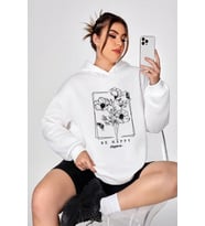 Be Happy Baskılı  Pamuklu Oversize Sweatshirt (A.Beyaz)