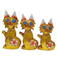 Ahşap Simli Üçlü Kedi Dekoratif Biblo No.2 17 cm (Akçaağaç Rengi)