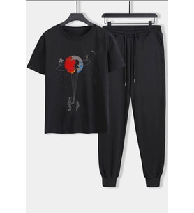 Unisex Evren Temalı Baskılı 2'li Eşofman Takımı (Siyah)