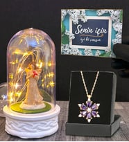 Led Işıklı Fanus ve Gerçek Ametist Taşlı Lotus Kolye Hediye Seti (Model 5)