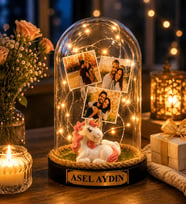 Kişiye Özel Yazılı ve 3 Fotoğraflı LED Işıklı Unicornlu Fanus Doğum Günü Hediyesi Sevgiliye Hediye