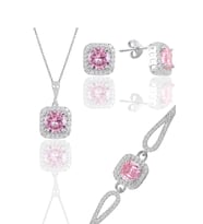 Söğütlü Silver Gümüş rodyumlu pembe taşlı kare kolye küpe ve bileklikten oluşan üçlü set