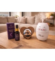 Kişiye Özel Meow Yazılı H2O Ultrasonik Hava Nemlendirici Cihaz Kalp Çerçeve ve Midnight Fantasy 20 Ml Ortam Kokusu