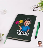 BK Gift Kişiye Özel Erkek Karikatürlü Yeşil Termo Deri Defter Kalem Seti Model 1