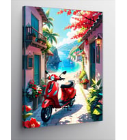 Kanvas Tablo Kırmızı Vespa Ve Yaz Evi