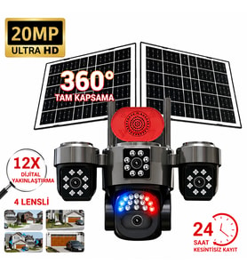 4G SIM Kartlı Solar Güvenlik Kamerası 20MP 4 Lens 360° PTZ 12X Dijital Zoom Çift Güneş Panelli Gece Görüşlü