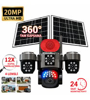 4G SIM Kartlı Solar Güvenlik Kamerası 20MP 4 Lens 360° PTZ 12X Dijital Zoom Çift Güneş Panelli Gece Görüşlü
