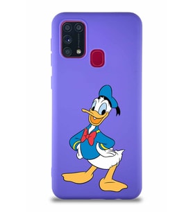 Samsung Galaxy M31 Soft Premier Kapak Donald Duck-C Tasarımlı Silikon Kılıf - Mor (Şeffaf)