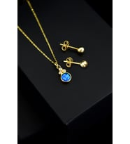 Papatya Silver 925 Ayar Gümüş Mavi Opal Yuvarlak Kolye Çivili Top Küpe Set (Altın)