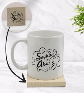 BK Gift Kişiye Özel İsimli Beyaz Kupa Bardak ve Ahşap Bardak Altlığı Hediye Seti - Model 6