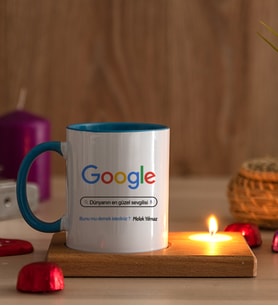 Kişiye Özel Google Tasarım Esprili Ahşap Altlıklı Mumlu Mavi Kupa