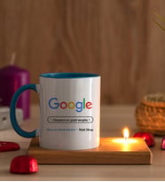 Kişiye Özel Google Tasarım Esprili Ahşap Altlıklı Mumlu Mavi Kupa