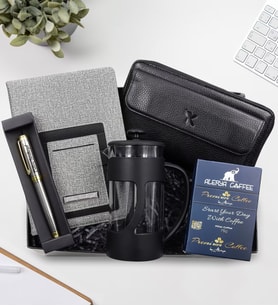 Kişiye Özel Gold Detaylı Gümüş Renk Roller Kalem & Telefon Cepli Defter & Hakiki Deri Siyah Unisex Portföy Cüzdan & Alerya Premium Filtre Kahve & Siyah French Press  Premium Hediye Seti