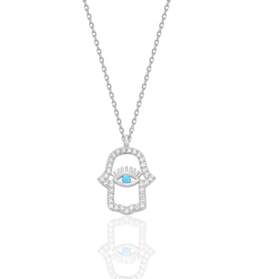 Gümüş rodyumlu turkuaz ve zirkon taşlı koruyucu hamsa el kolye SGTL12669RODAJ
