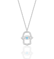 Gümüş rodyumlu turkuaz ve zirkon taşlı koruyucu hamsa el kolye SGTL12669RODAJ