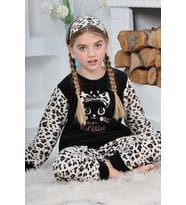 Yeni Sezon Sonbahar/Kış Kız Çocuk Leopar Desenli Polar Pijama Takımı 4103-Siyah