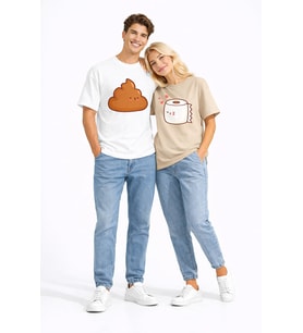 Sevgili Kombini Eğlenceli Baskılı Çift Tişört Oversize Unisex Partner Tişört 2’li Set (Beyaz)