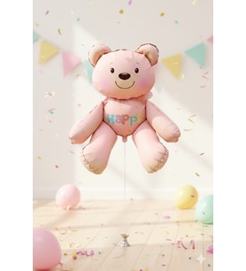 51x54 cm Oturan Ayı Pembe Folyo Balon - Doğum Günü Parti Dekorasyon Balonu