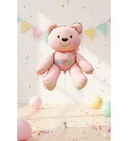 51x54 cm Oturan Ayı Pembe Folyo Balon - Doğum Günü Parti Dekorasyon Balonu