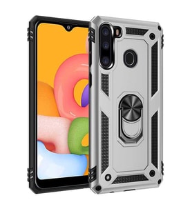 Samsung Galaxy A21 Kılıf Metal For Car Yüzüklü Standlı Military Ring Serisi (Gümüş)