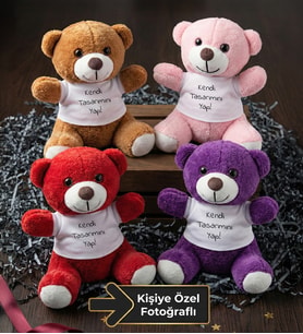 Kişiye Özel Fotoğraflı 4'lü Peluş Ayıcık Seti (Kırmızı Peluş Ayıcık & Mor Peluş Ayıcık & Pembe Peluş Ayıcık & Kahverengi Peluş Ayıcık)