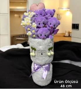 Premium Mor Peluş Ayıcık Kalp Yastıklı Peluş Vazo Tasarımlı Buket