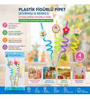 Kıvrımlı Renkli Plastik Pipet - Figürlü Tasarım - 4'lü Paket