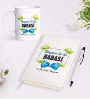 BK Gift Kişiye Özel Dünyanın En İyi Babası Tasarımlı Beyaz Defter Kalem Kupa Seti - Model 1